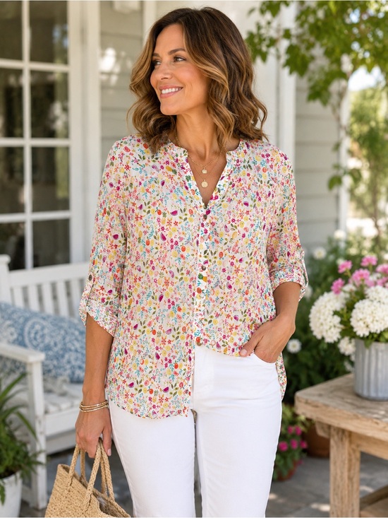 Democracy Tops - Democracy Floral Paisley Roll Tab Blouse | Lightweight Button Front Top | Boho